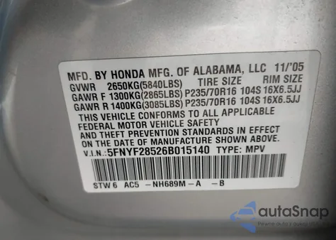 2006 Honda Pilot Ex-L from USA, damaged, VIN 5FNYF28526B015140